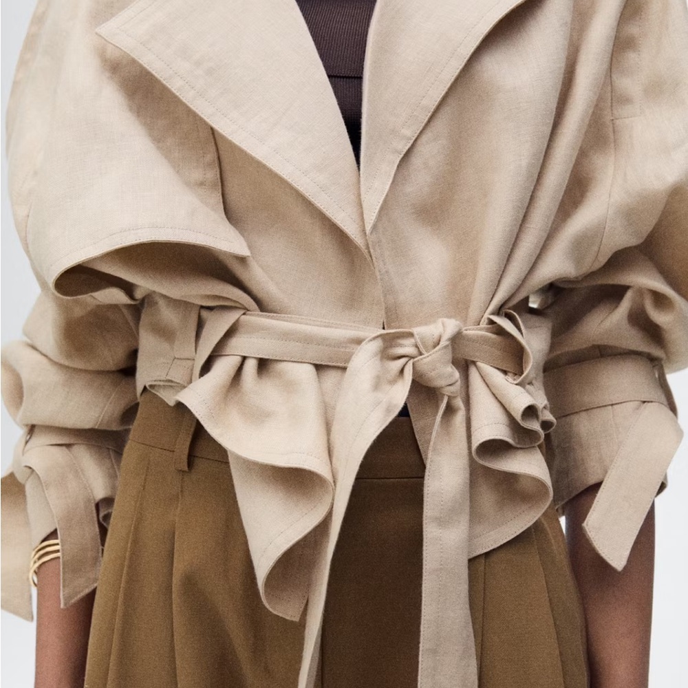MANGO x VICTORIA BECKHAM 100% Linen Beige Tie-Waist Cropped Trench Jacket M - Picture 7 of 16